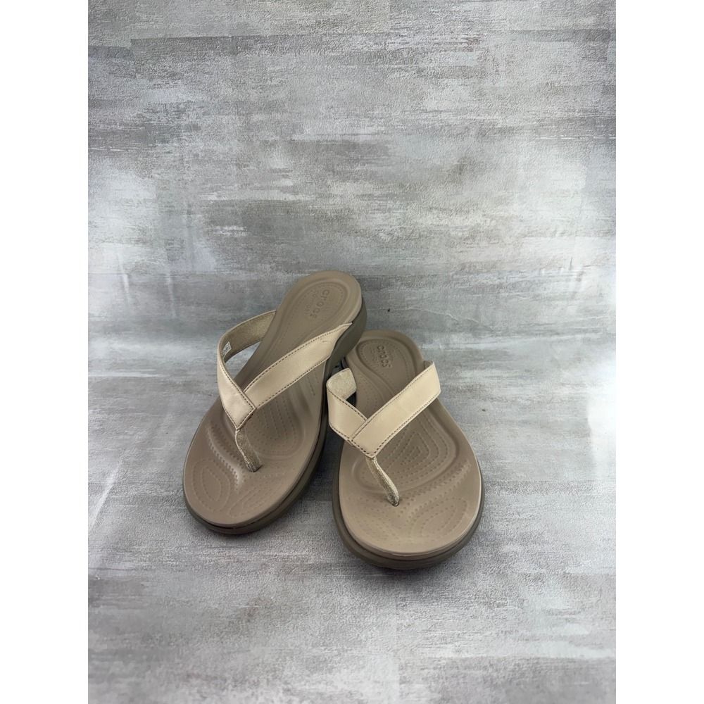 Crocs Monterey Shimmer Wedge Flip Flop Sandals Tan Beige Gold 202502 Women Sz 7